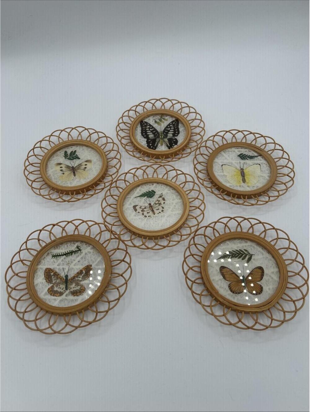 Vintage Pressed Butterfly Bamboo Drink Coasters Set (6)